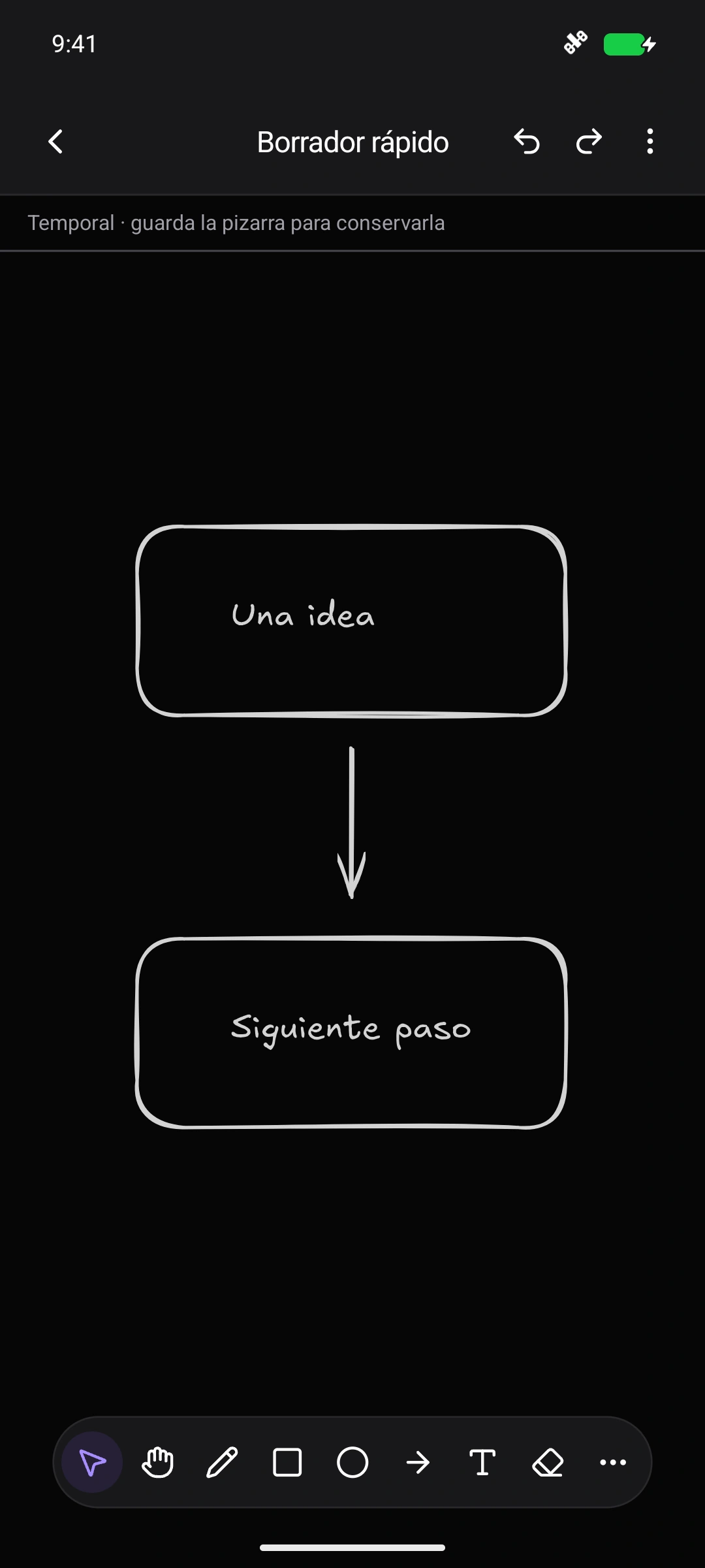 Borrador rápido en la pizarra de Nottrix para Android con un esquema que conecta una idea con el siguiente paso