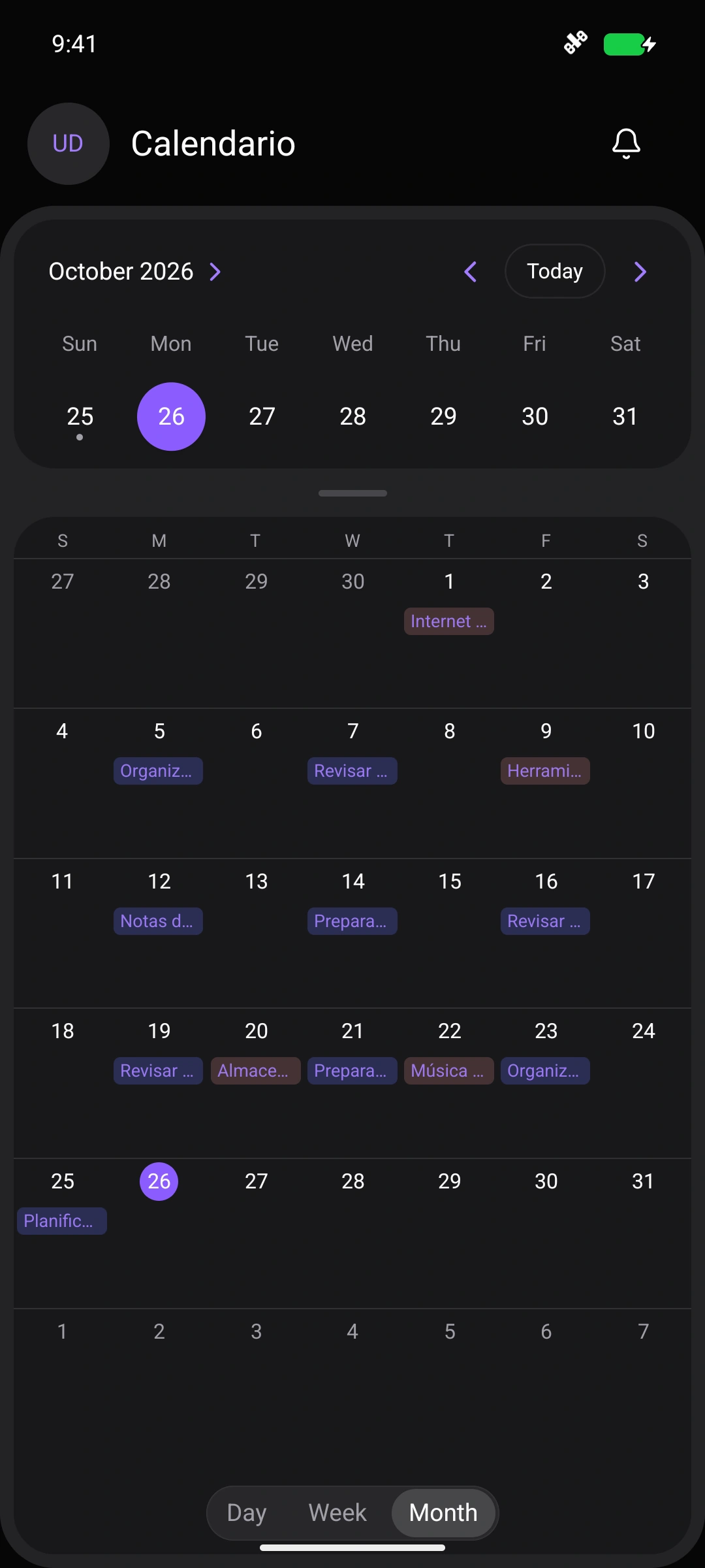Calendario de Nottrix en Android con recordatorios y suscripciones en la vista mensual