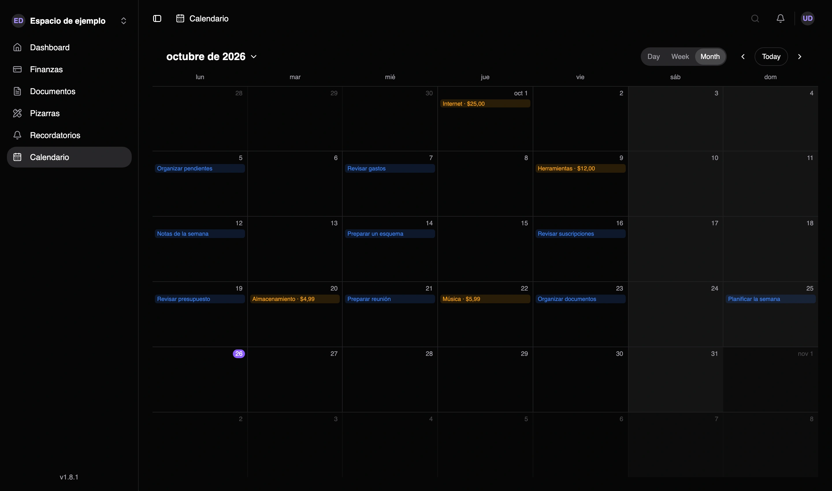 Calendario mensual de Nottrix con recordatorios y cobros de suscripciones en una misma vista