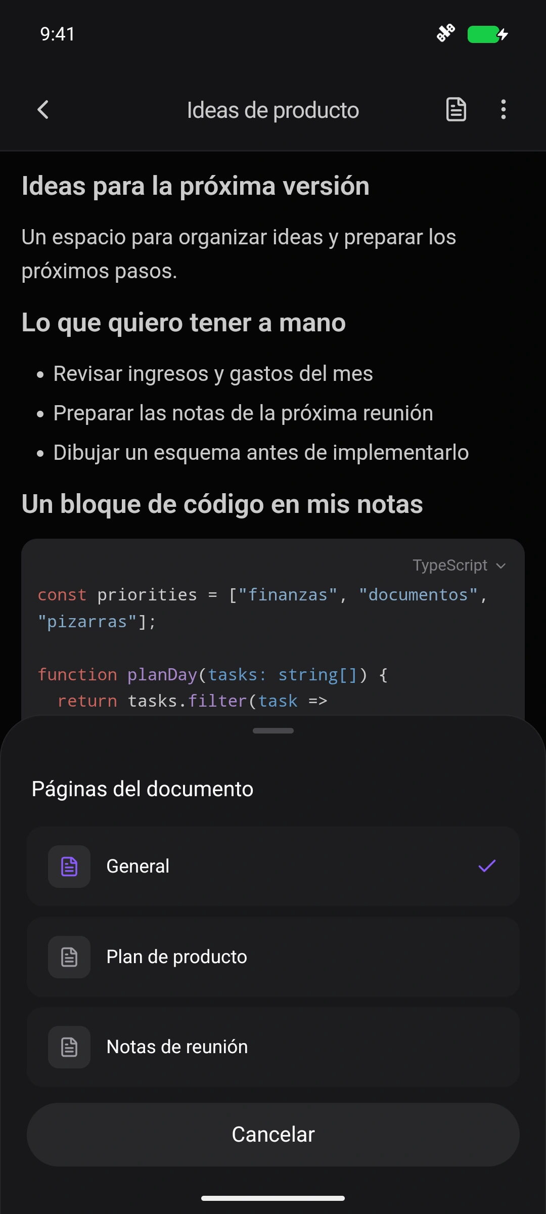 Editor de documentos de Nottrix en Android con el selector nativo de secciones abierto