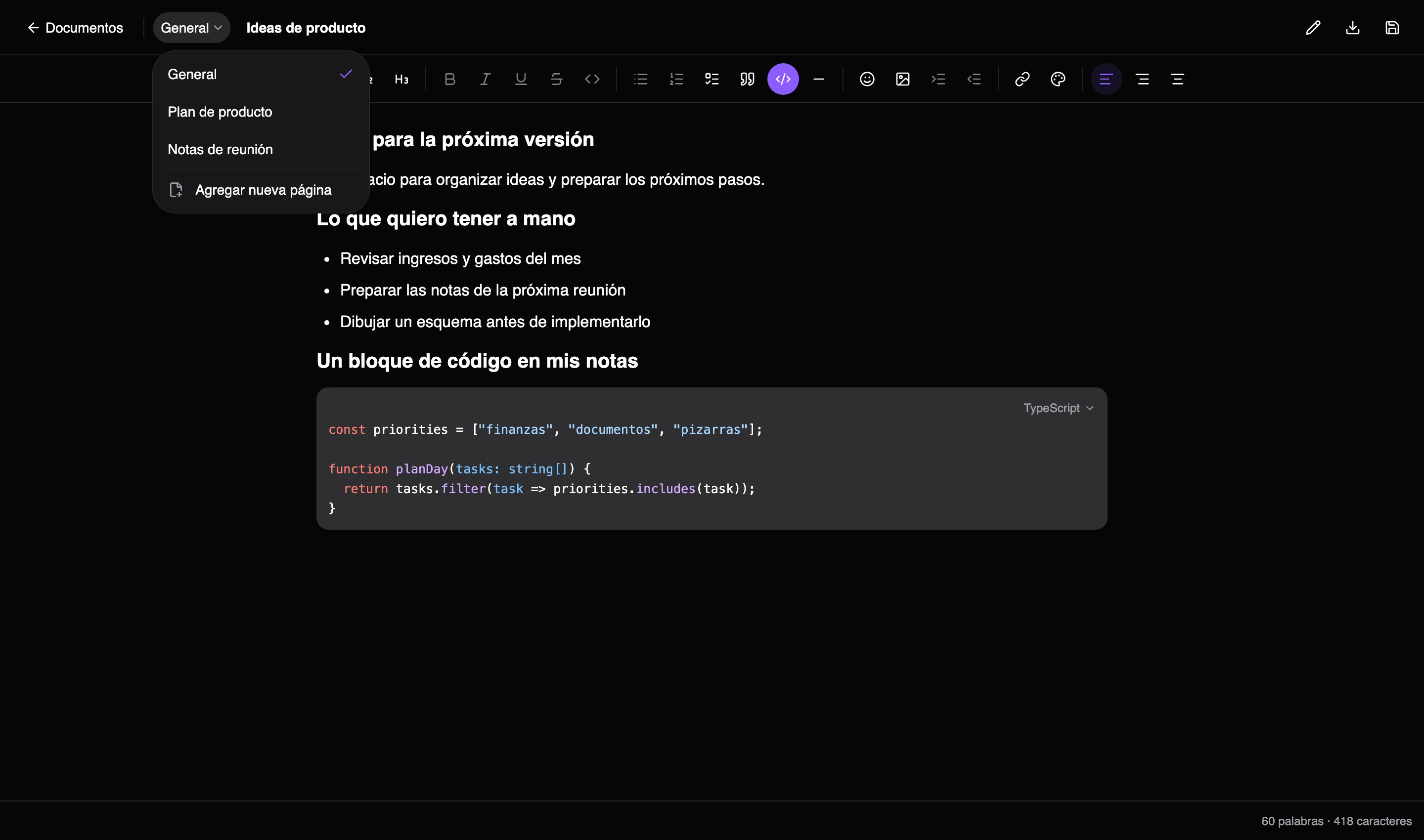 Editor de Nottrix con el menú de páginas abierto y un bloque de código TypeScript con resaltado de sintaxis