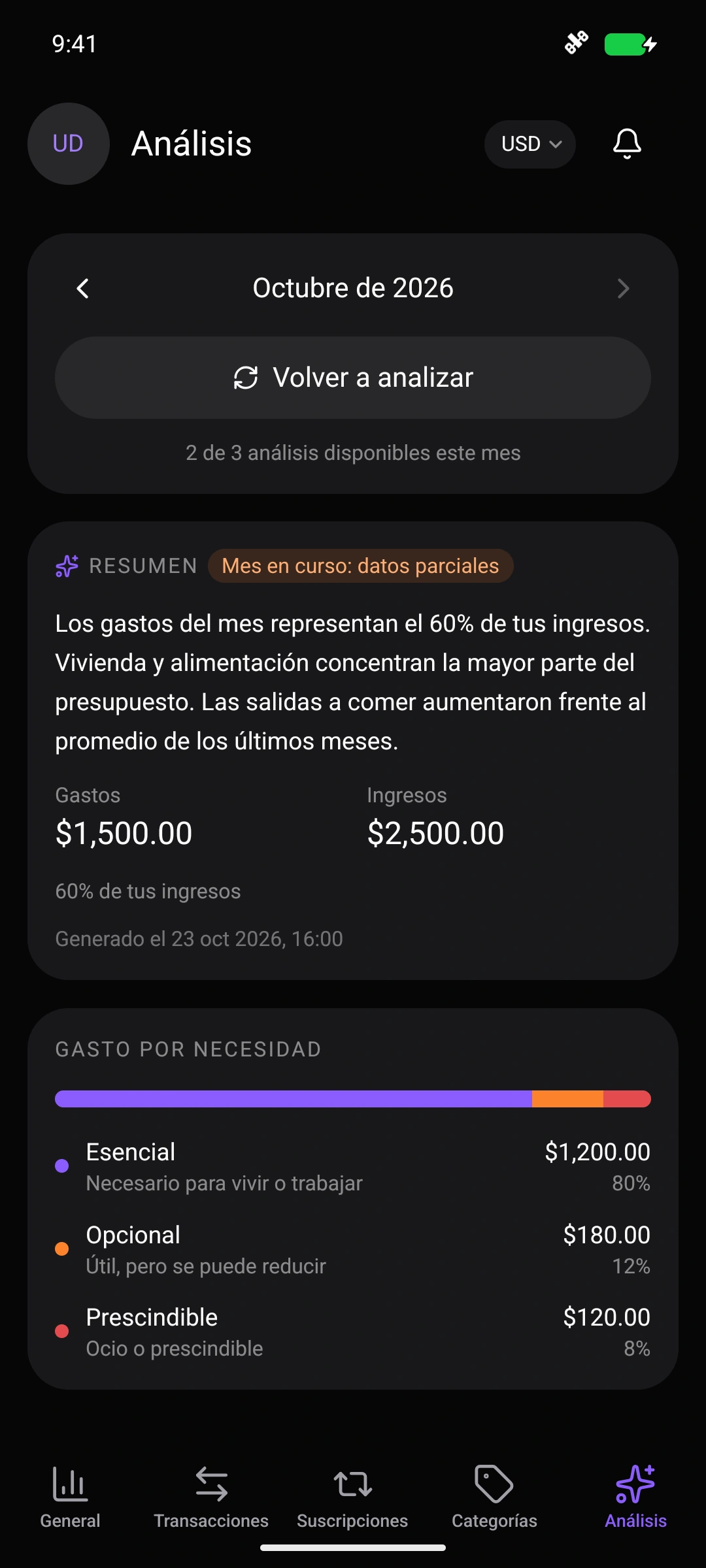 Análisis del mes con IA en Nottrix para Android con el resumen y la distribución de gastos por necesidad