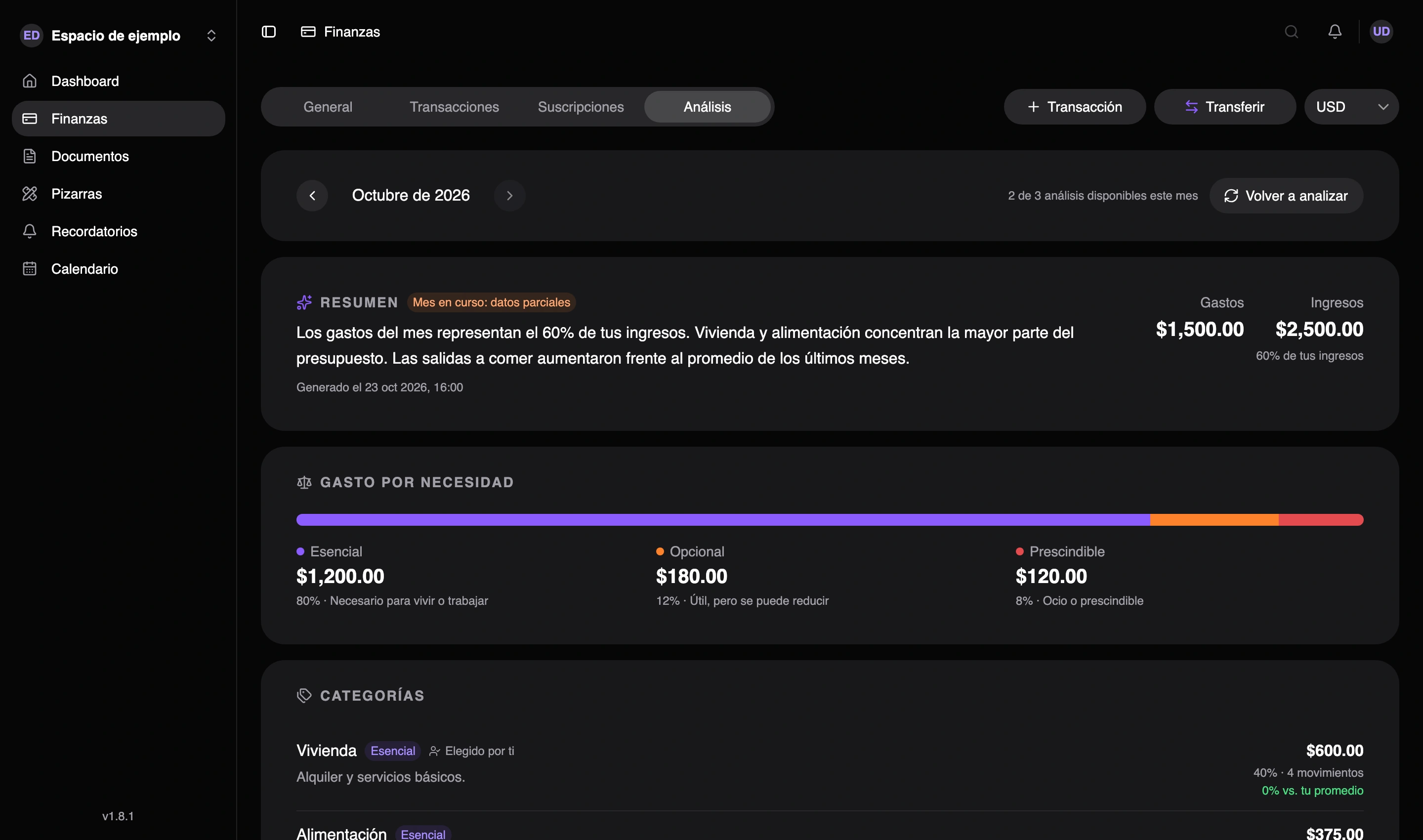 Análisis del mes con IA en Nottrix web, con resumen financiero, distribución por necesidad y gastos por categoría