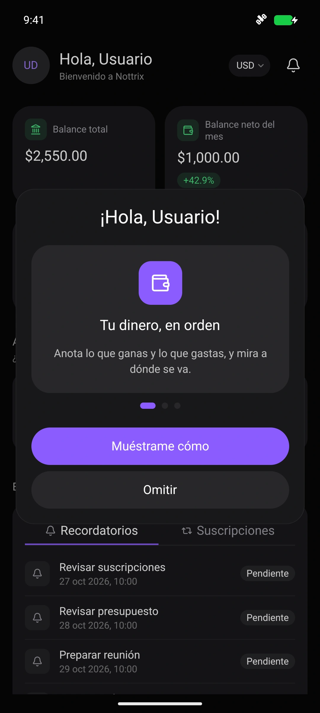 Bienvenida guiada de Nottrix en Android