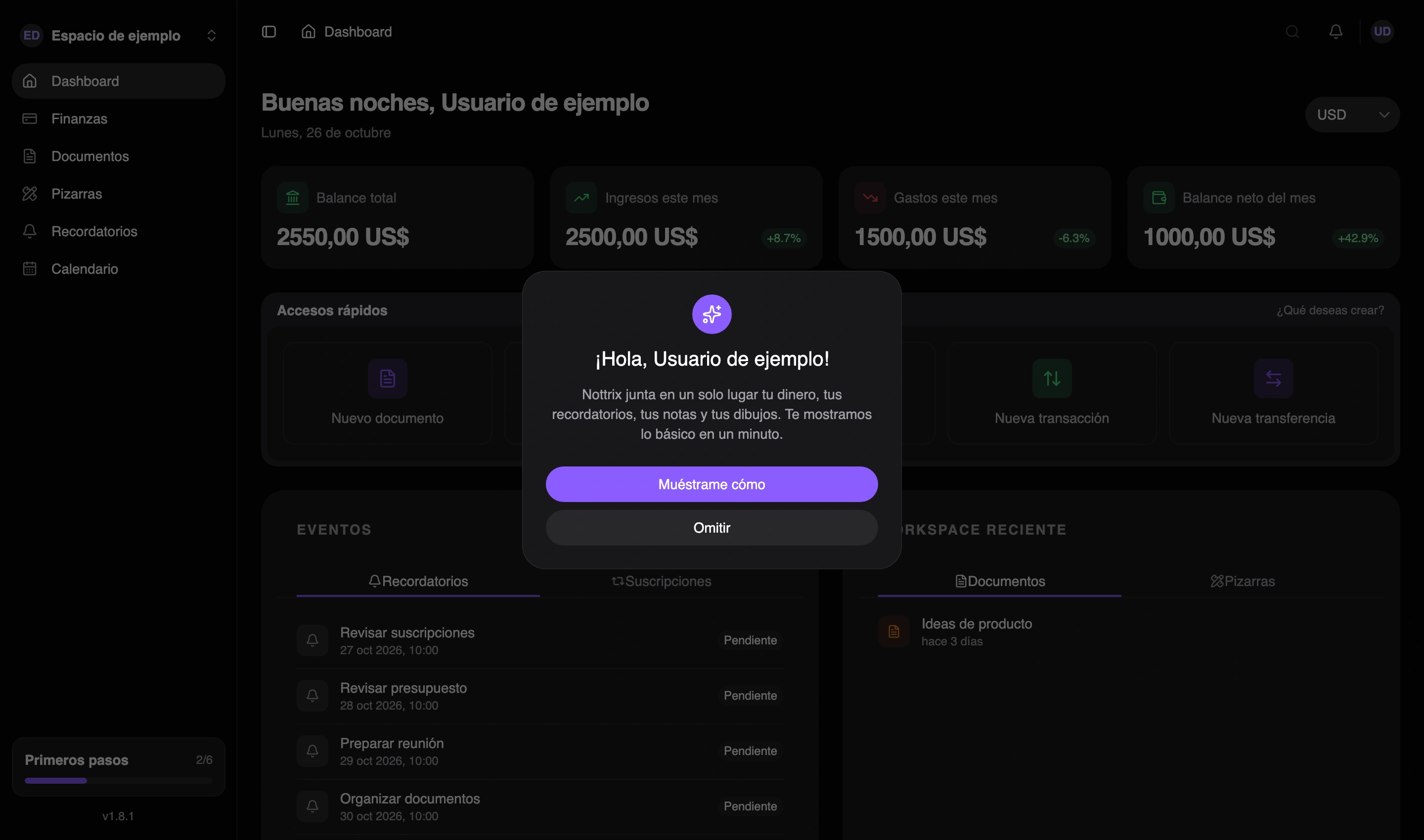 Recorrido de bienvenida a Nottrix en la aplicación web