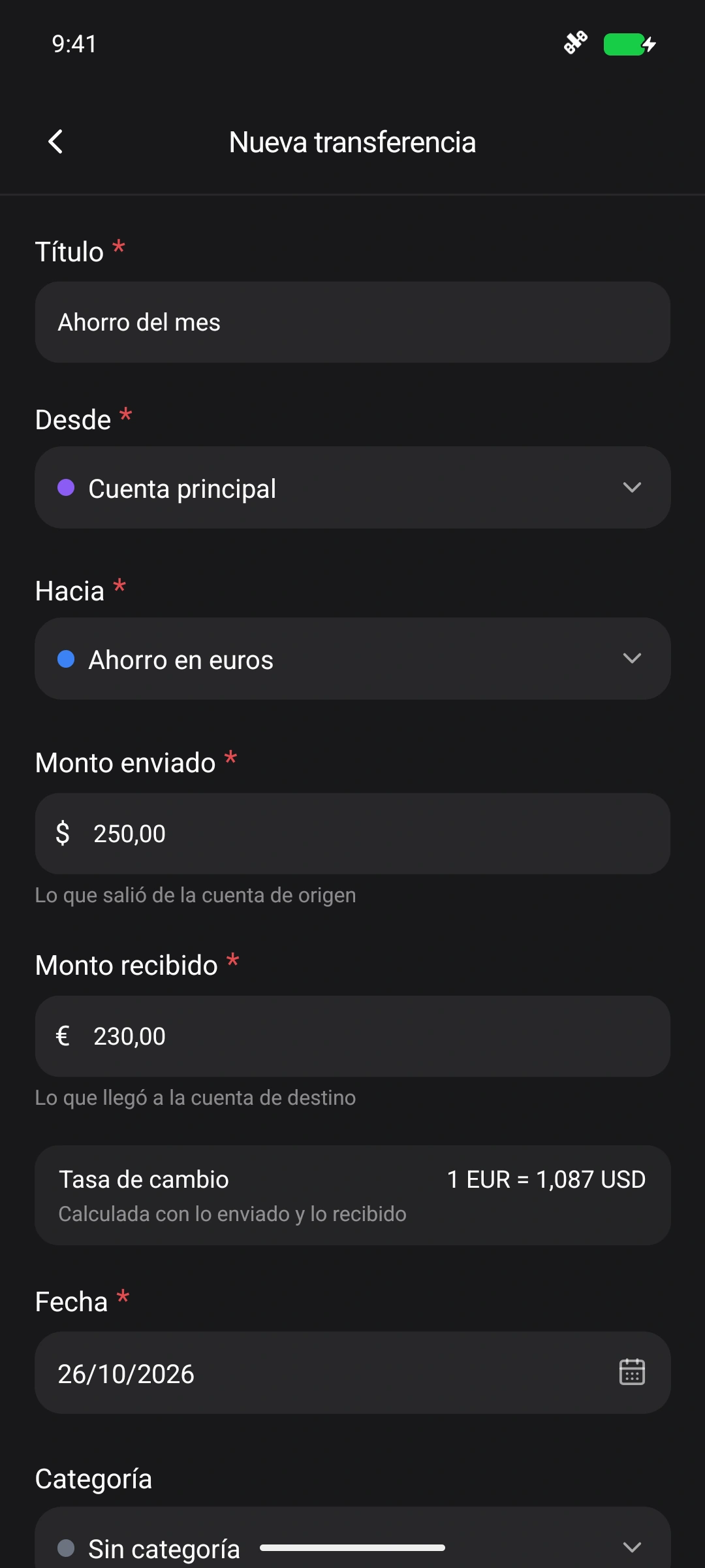 Formulario nativo de transferencia entre cuentas con importes y tasa de cambio en Android