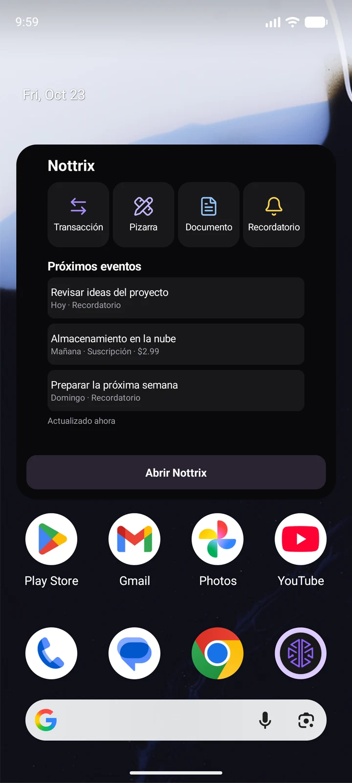 Widget grande de Nottrix para Android con accesos rápidos y próximos recordatorios y suscripciones