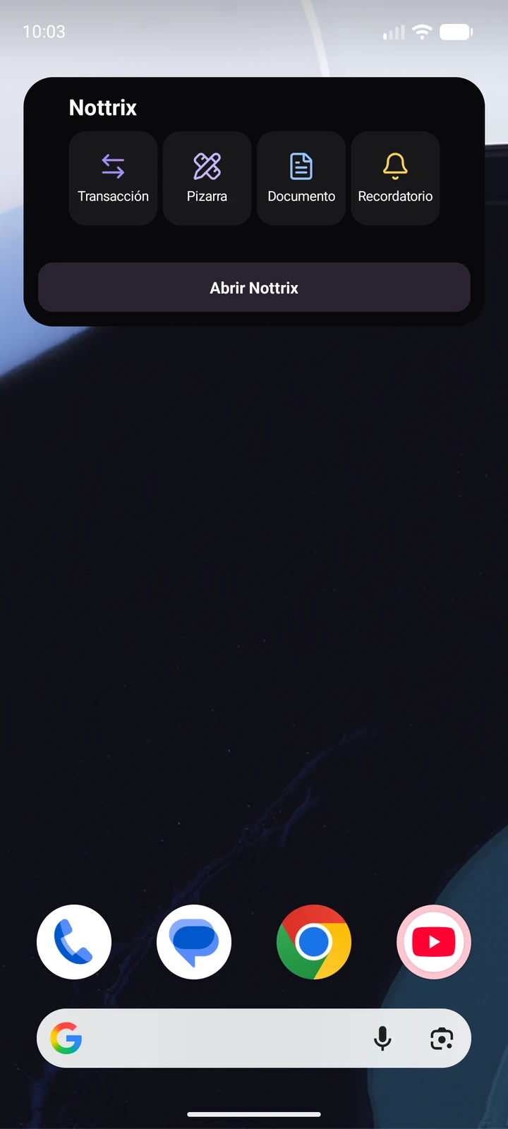 Widget pequeño de Nottrix para Android con accesos rápidos a transacciones, pizarras, documentos y recordatorios