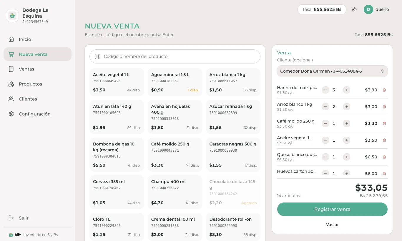 Pantalla de nueva venta de Bllt con catálogo de productos y total en dólares y bolívares
