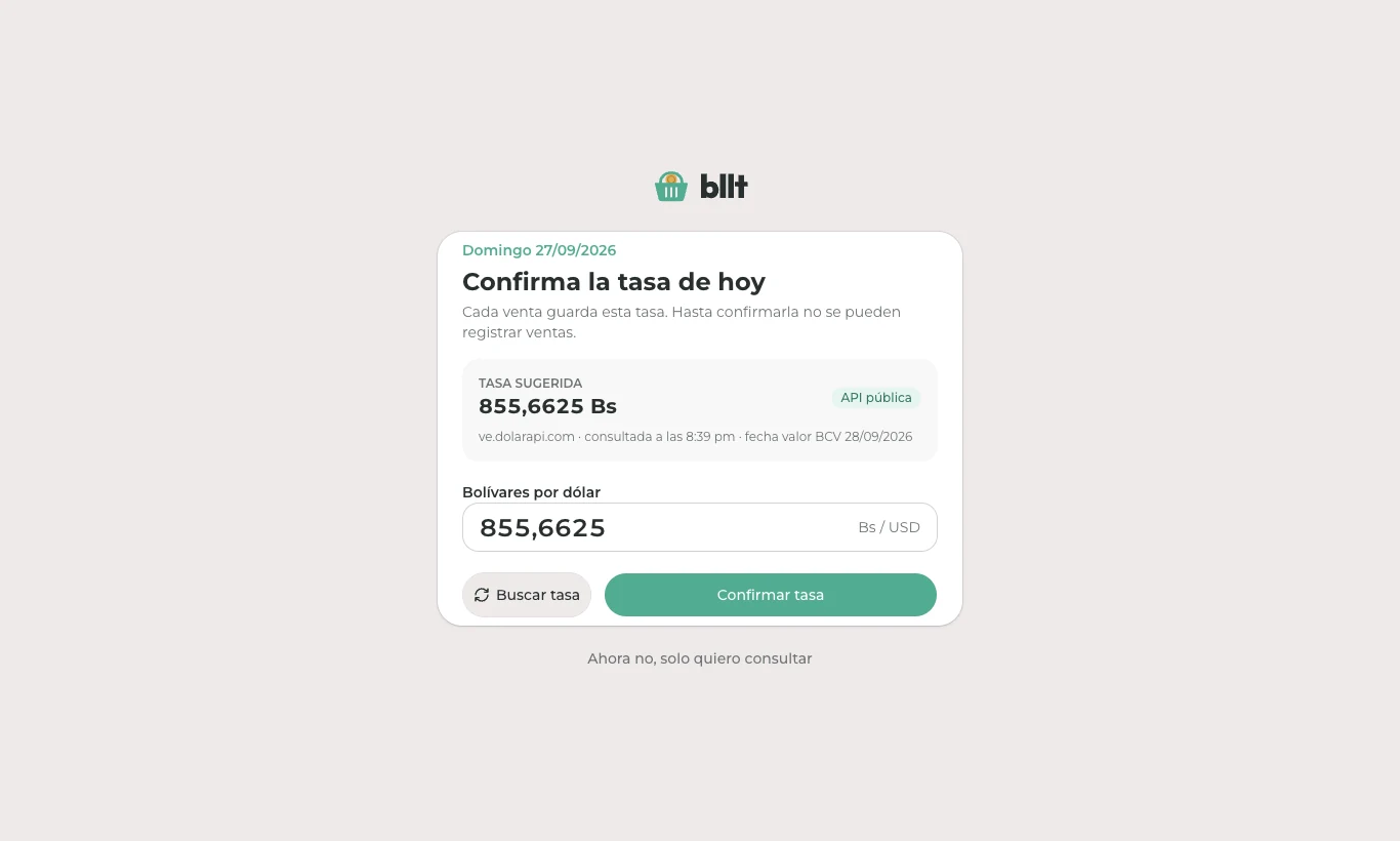 Pantalla de Bllt para confirmar la tasa BCV del día