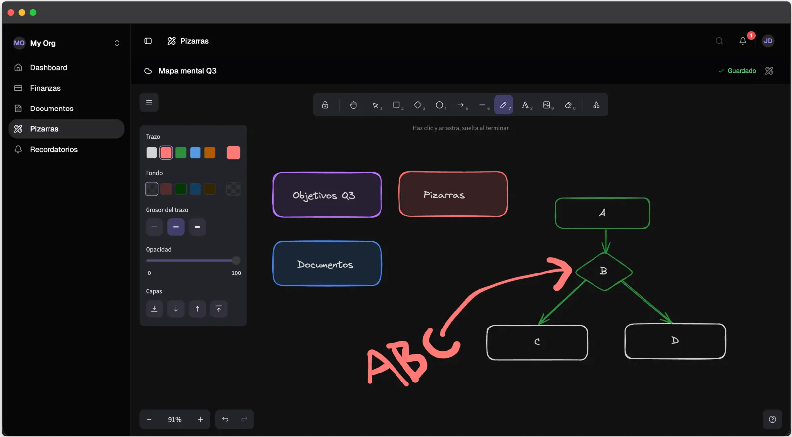 Pizarra web de Nottrix para diagramas y mapas mentales