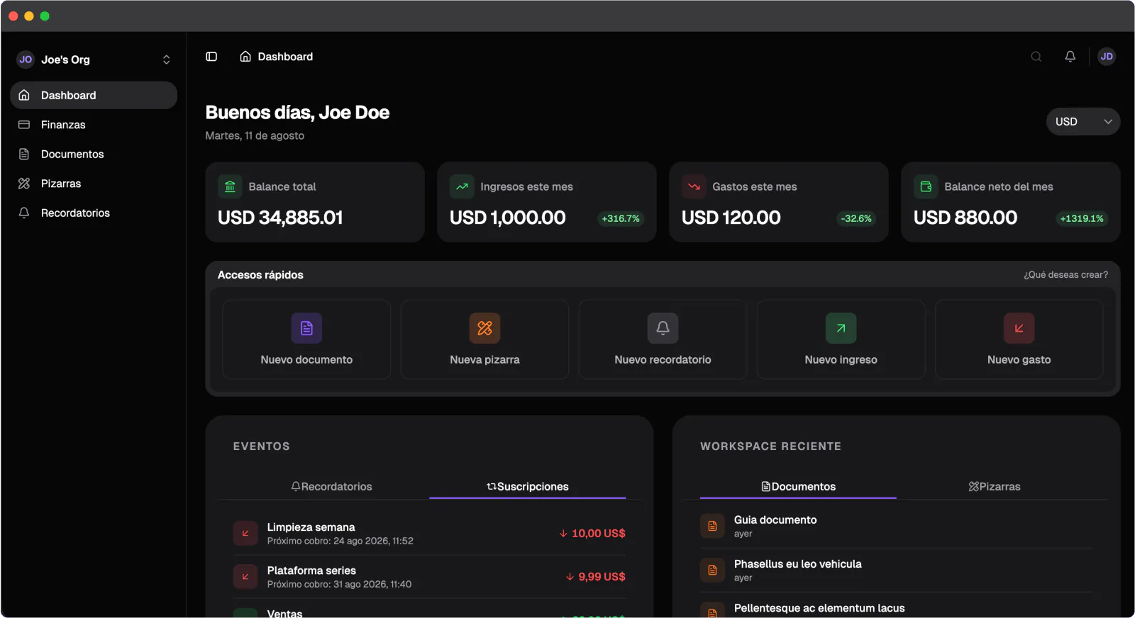 Dashboard web de Nottrix con accesos rápidos, finanzas, recordatorios y trabajo reciente