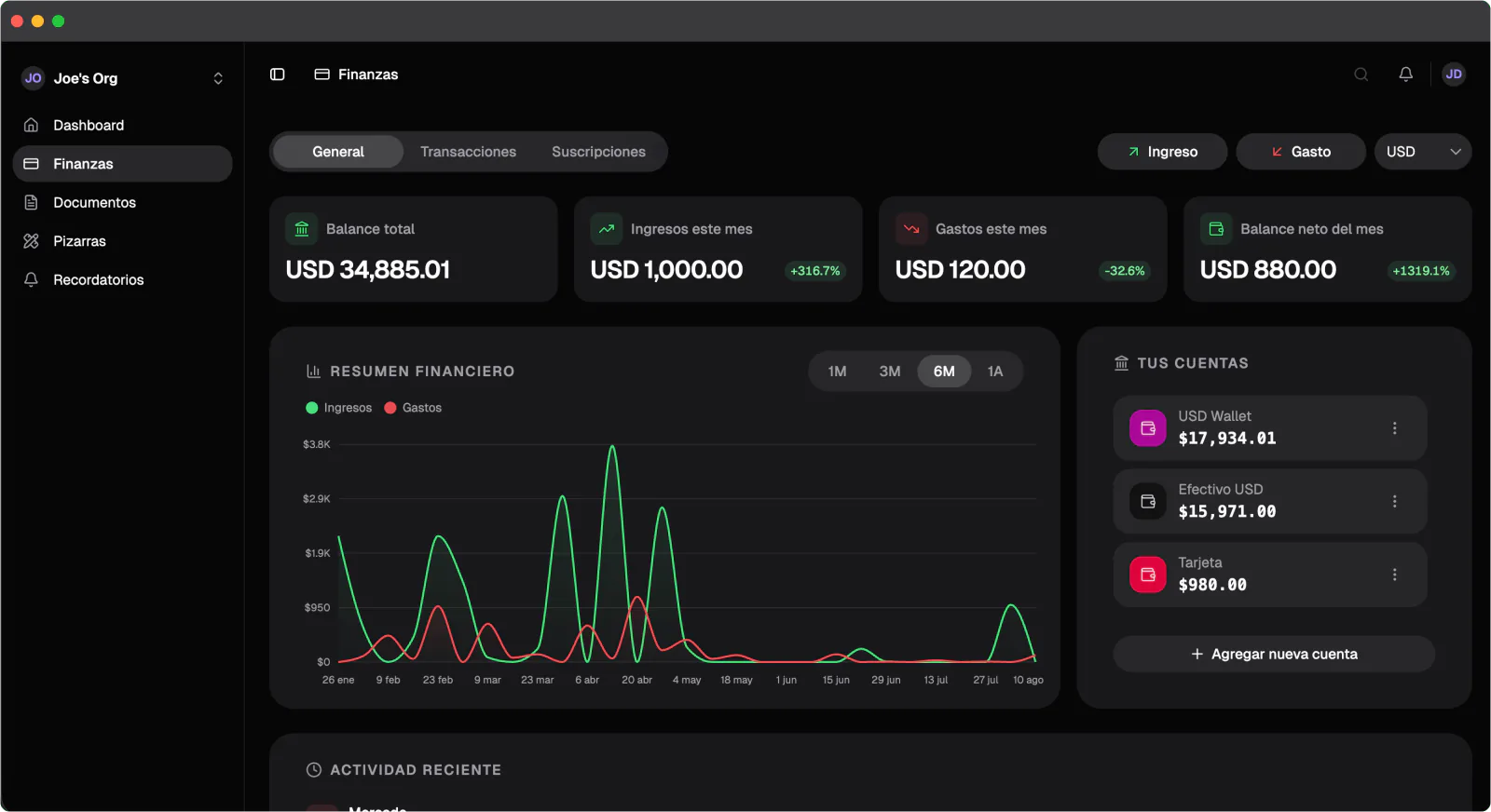Módulo web de finanzas personales de Nottrix con balances, cuentas y resumen financiero